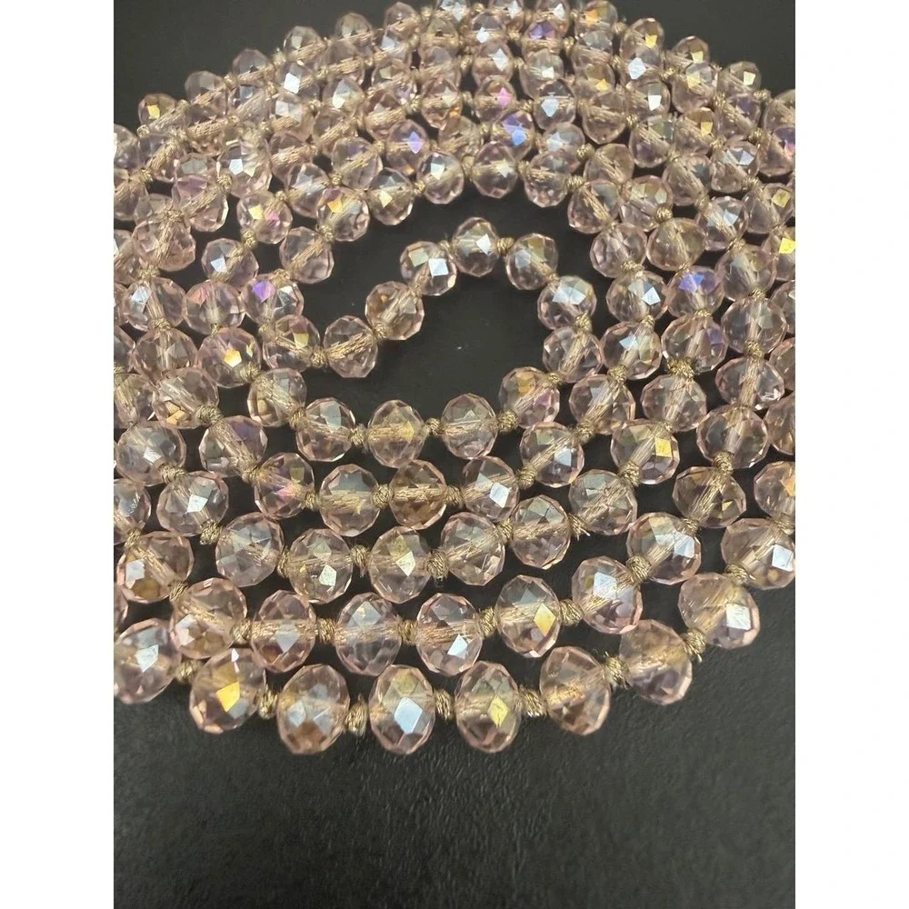 Pink Aurora Borealis Faceted Glass Bead Necklace Long Knotted Rope Flapper Style